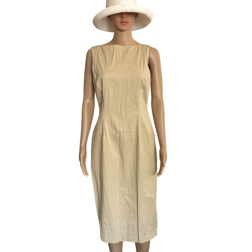 THEORY Sleeveless Fitted Cotton Pencil Midi Oatmeal Color Dress Size 6